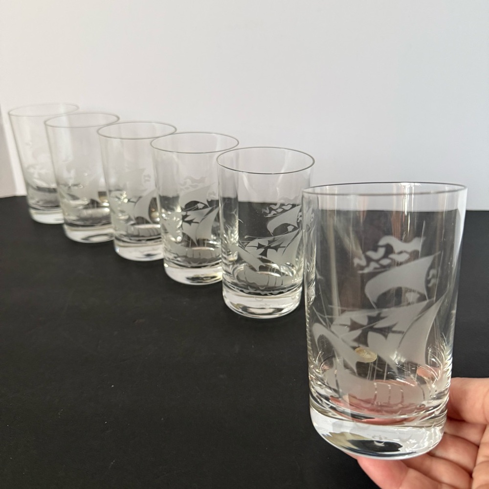 Set of 6 Vintage Rosenthal Columbus 10oz Etched Ship Crystal Glasses W. Germany